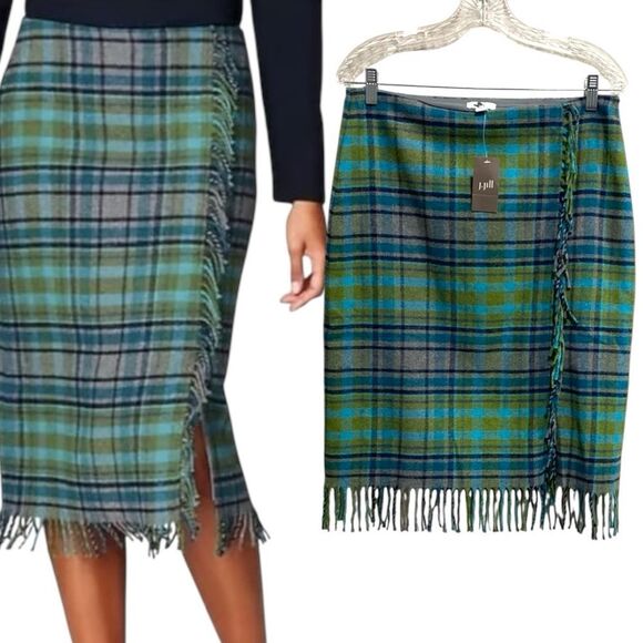J. Jill Dresses & Skirts - J. Jill Green Blue Plaid Fringe Wool-Blend Pencil Skirt 10 | Academia Boho NWT